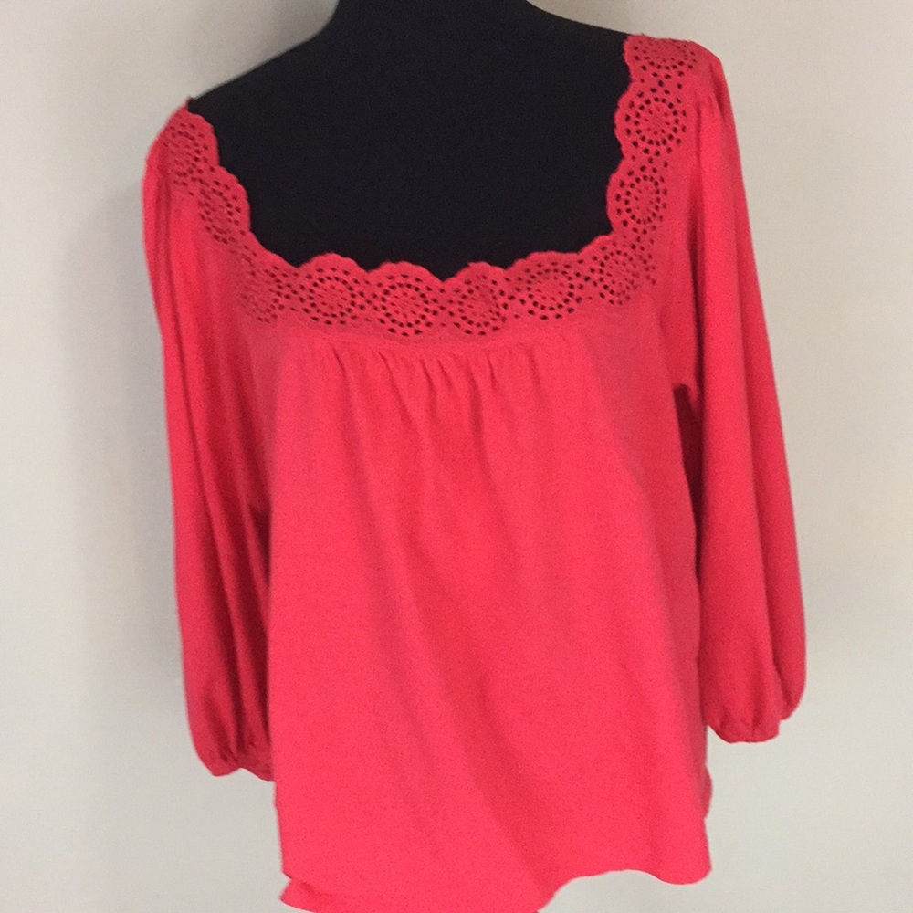 Loft Outlet  Red Scalloped Lace off Shoulder Peasant Top Size Medium